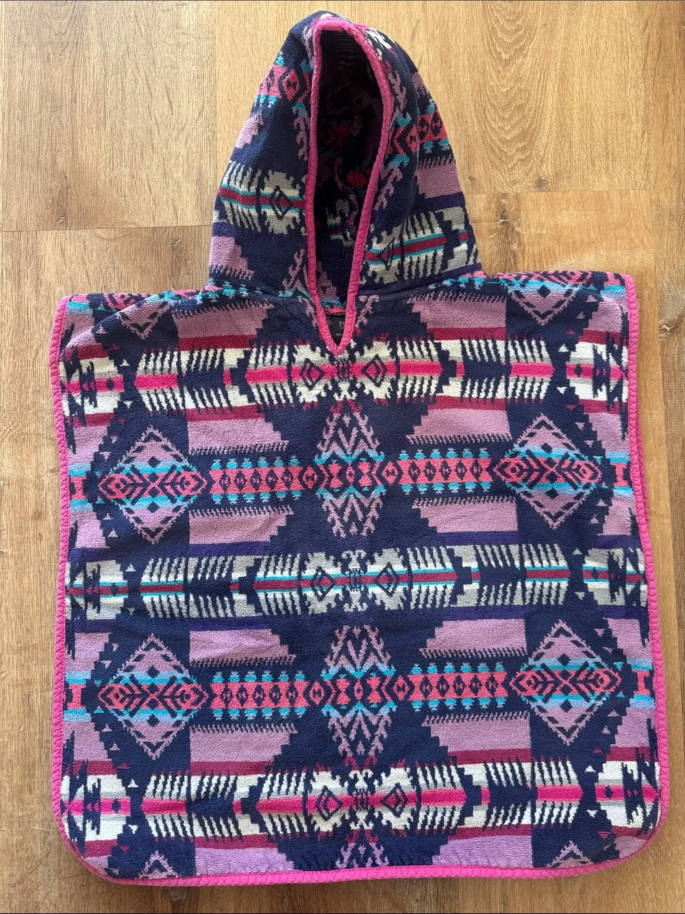 Pendleton Kids Hooded Poncho - Pink & Navy Aztec Print Beach Boho Girls western